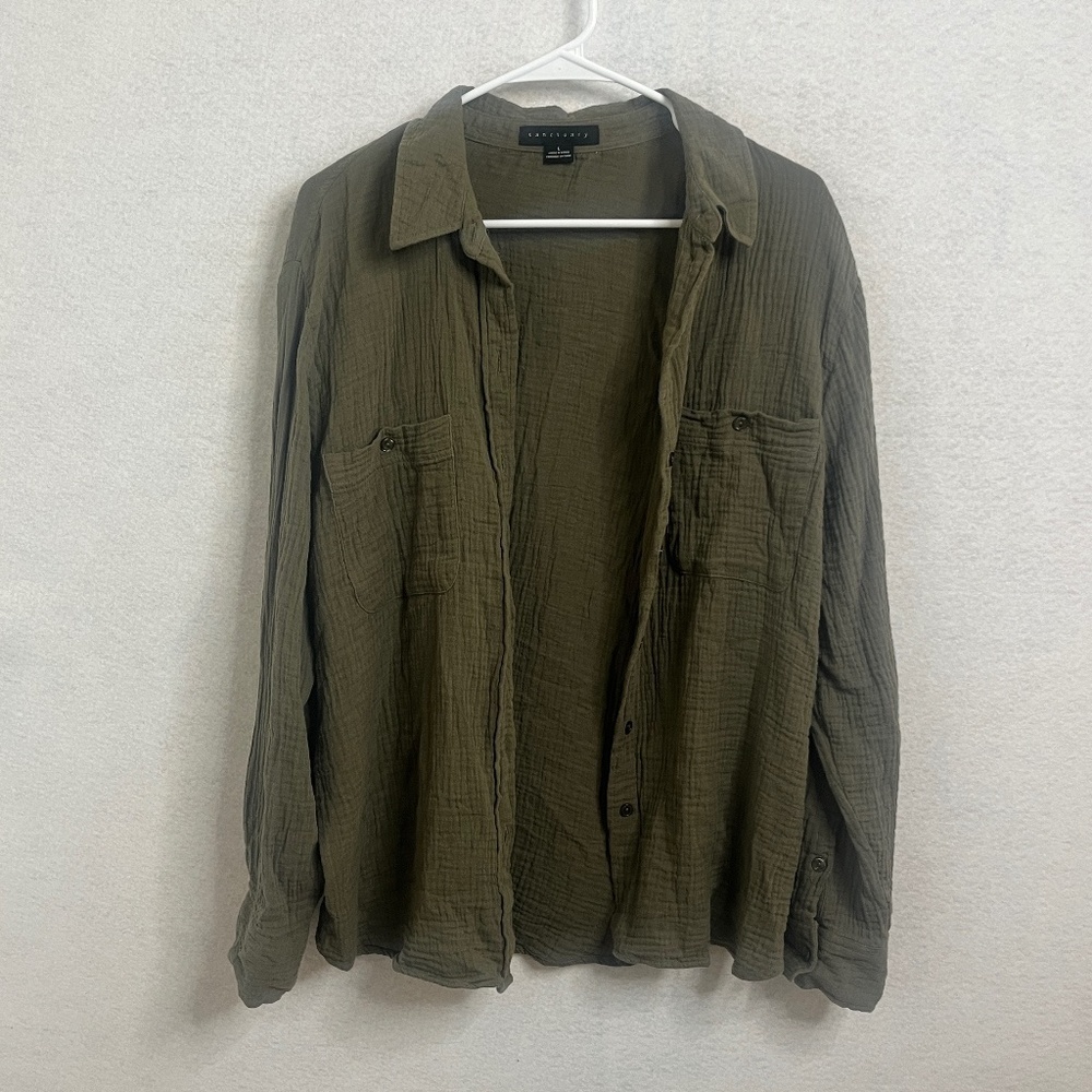 Sanctuary Olive Green Gauze Button Down Shirt Utility Top Size L